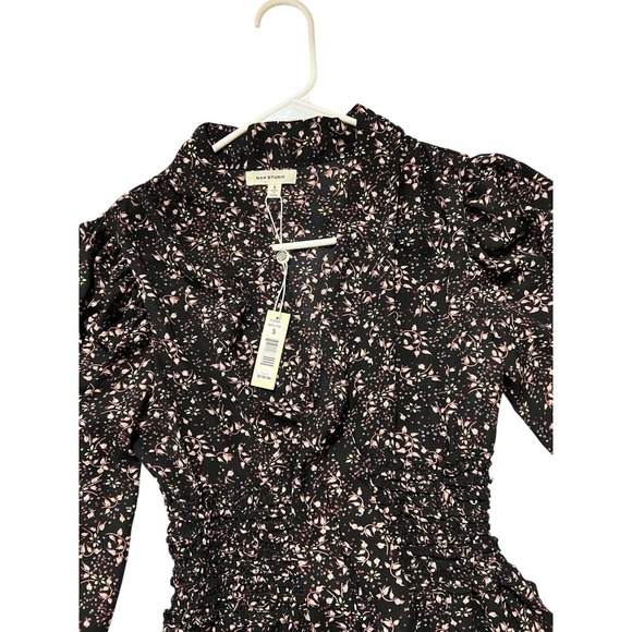 Max Studio Women's Floral Print Midi Dress Long Sleeve Shirred Black Pink Size S - Picture 3 of 4